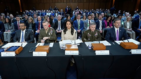 From left, FBI Director Kash Patel, Defense Intelligence Agency Director James Adams, Director of National Intelligence Tulsi Gabbard, Acting Commander of the U.S. Cyber Command William Hartman, and CIA Director John Ratcliffe are seated before the Senate Committee on Intelligence hearings to examine worldwide threats on Capitol Hill