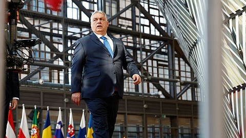 Hungary's Prime Minister Viktor Orban arrives for the EU summit at the European Council building in Brussels