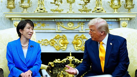 President Donald Trump speaks with Japan’s Prime Minister Sanae Takaichi in the Oval Office of the White House, Thursday, March 19, 2026, in Washington. 