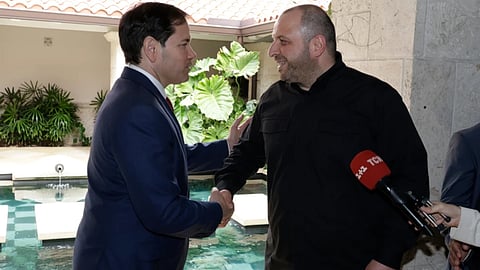 Secretary of State Marco Rubio, left, and Secretary of the National Security of Ukraine Rustem Umerov shake hands