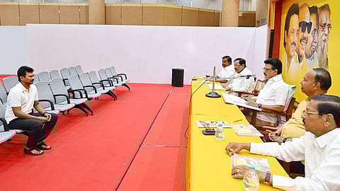 Chief Minister and DMK president MK Stalin on Sunday interviewed his son and Deputy Chief Minister Udhayanidhi