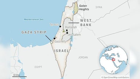 This is a locator map of Israel and the Palestinian Territories.