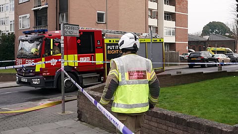 Firefighters respond to a fire in Golders Green, London, Monday, March 23, 2026 after an apparent arson attack on four vehicles belonging to a Jewish ambulance
service