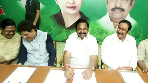 TTV Dhinakaran, Piyush Goyal, Edappadi K Palaniswami and Anbumani Ramadoss at a press conference on March 23, 2026.