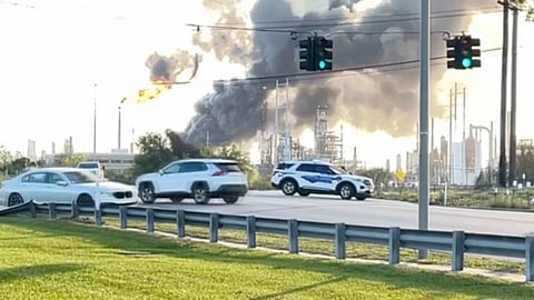 In this still image taken from a video provided by KBMT, smoke rises near the Valero Port Arthur Refinery in Port Arthur, Texas Monday, March 23, 2026.