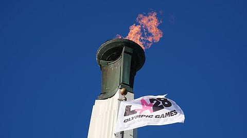 The Olympic cauldron is lit at the Los Angeles Memorial Coliseum ahead of the launch for ticket registration to the 2028 Summer Olympic Games in Los Angeles.
