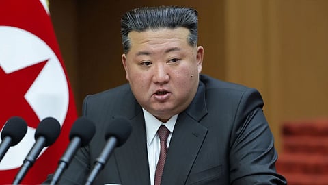 In this photo provided by the North Korean government, its leader Kim Jong Un delivers a speech during a session of the Supreme People’s Assembly at parliament in Pyongyang, North Korea Monday, March 23, 2026. Independent journalists were not given access to cover the event depicted in this image distributed by the North Korean government. The content of this image is as provided and cannot be independently verified.