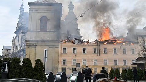 Fire and smoke raises above the city center following Russia's drone attack in Lviv