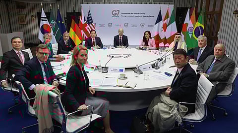 From bottom centre to left: EU High Representative and Vice-President for Foreign Affairs and Security Policy Kaja Kallas, Germany's Foreign Minister Johann Wadephul, South Korea's Foreign Minister Cho Hyun, Britain's Foreign Secretary Yvette Cooper, India's Foreign Minister Subrahmanyam Jaishankar, U.S. Secretary of State Marco Rubio, France's Foreign Affairs Minister Jean-Noel Barrot, Canada's Foreign Minister Anita Anand, Saudi Arabia's Foreign Minister Faisal bin Farhan, Italy's Foreign Minister Antonio Tajani, Brazil's Foreign Minister Mauro Vieira and Japan's Foreign Minister Toshimitsu Motegi attend talks during a G7 Foreign Ministers' meeting with Partner Countries in Cernay-la-Ville outside Paris
