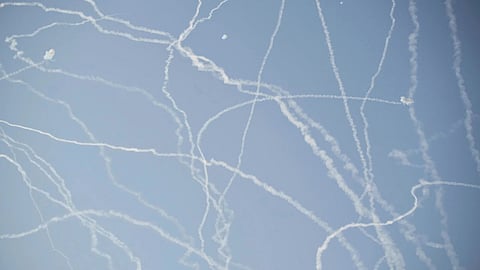 Israeli air defense system fires to intercept missiles during an Iranian attack over Tel Aviv, Israel