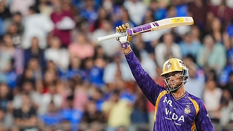 Kolkata Knight Riders' Angkrish Raghuvanshi celebrates his half century during an Indian Premier League (IPL) 2026 T20 cricket match between Mumbai Indians and Kolkata Knight Riders, at the Wankhede Stadium, in Mumbai, Maharashtra, Sunday, March 29, 2026 