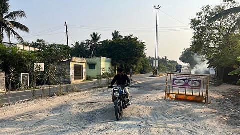 The damaged stretch on the Redhills-Tiruvallur Highway has been accident-prone due to negligence 
