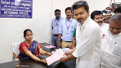 Vijay filed his nomination for 2026 Tamil Nadu assembly elections for Perambur constituency at Ambedkar College, Vyasarpadi