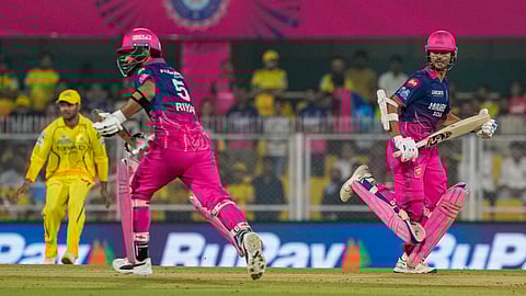 Rajasthan Royals' captain Riyan Parag, left, and Yashasvi Jaiswal run between the wickets during an Indian Premier League (IPL) 2026 T20 cricket match between Rajasthan Royals and Chennai Super Kings, at ACA Stadium, Barsapara, in Guwahati, Assam, Monday, March 30, 2026 