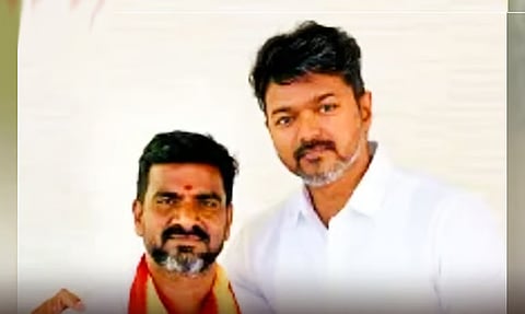  Tamilaga Vettri Kazhagam (TVK) Poonamallee candidate Prakasam  with actor Vijay