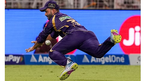 Kolkata Knight Riders' captain Ajinkya Rahane attempts a catch during the Indian Premier League (IPL) 2026 cricket match between Kolkata Knight Riders and Sunrisers Hyderabad, at Eden Gardens in Kolkata, West Bengal, Thursday, April 2, 2026 