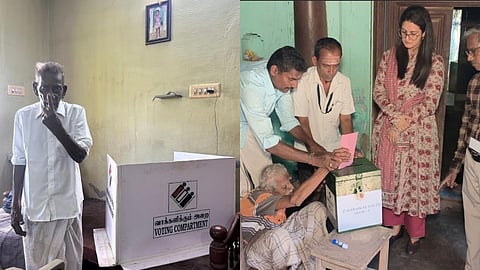 100-year-old Rajagopal shows his inked finger after casting vote at his home in Tirunallar constituency. (Right) An 85-year-old diff-abled person casting his vote as officials look on.