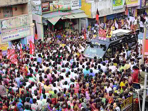 DMK leader Kanimozhi seeking votes for party candidate in Srirangam on Saturday