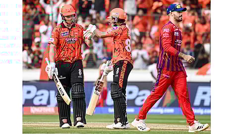 Sunrisers Hyderabad's Nitish Kumar Reddy greets Heinrich Klaasen on his half-century during an Indian Premier League (IPL) 2026 T20 cricket match between Sunrisers Hyderabad and Lucknow Super Giants, at Rajiv Gandhi International Cricket Stadium, in Hyderabad, Telangana, Sunday, April 5, 2026. 