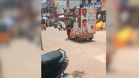 An auto-rickshaw using a banned cone-shaped loudspeaker during an election campaign in KK Nagar.