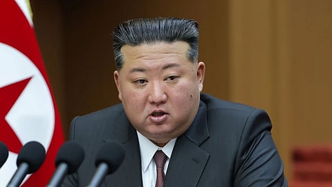 In this photo provided by the North Korean government, its leader Kim Jong Un delivers a speech during a session of the Supreme People’s Assembly at parliament in Pyongyang, North Korea Monday, March 23, 2026. Independent journalists were not given access to cover the event depicted in this image distributed by the North Korean government. The content of this image is as provided and cannot be independently verified.