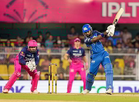 Mumbai Indians' captain Hardik Pandya plays a shot during an Indian Premier League (IPL) 2026 T20 cricket match between Rajasthan Royals and Mumbai Indians, in Guwahati, Tuesday, April 7, 2026.