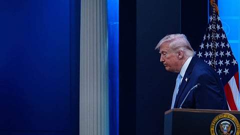 US President Donald Trump departs after speaking with reporters during a news conference in the James Brady Press Briefing Room at the White House, Monday, April 6, 2026, in Washington. 