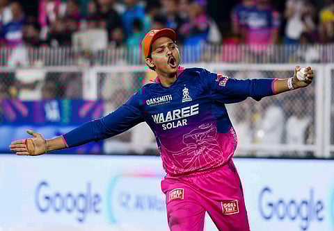 Rajasthan Royals' Yashasvi Jaiswal celebrates after taking the catch of Mumbai Indians' captain Hardik Pandya during toss ahead of an Indian Premier League (IPL) 2026 T20 cricket match between Rajasthan Royals and Mumbai Indians, in Guwahati, Tuesday, April 7, 2026.