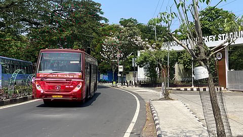 One of the  MTC bus speeding past the Mayor Radhakrishnan Stadium without stopping at the designated bus stop