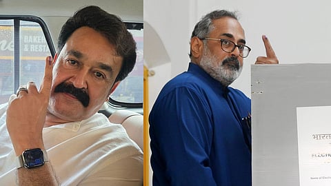 Actor Mohanlal shows his ink-marked finger after casting vote during the state Assembly elections, in Thiruvananthapuram and Kerala BJP President Rajeev Chandrasekhar shows his ink-marked finger after casting vote during the state Assembly elections, in Thiruvananthapuram, Thursday, April 9, 2026