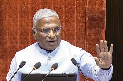Rajya Sabha Deputy Chairman Harivansh Narayan Singh conducts proceedings in the House during the second part of the Budget session of Parliament, in New Delhi, Wednesday, March 25, 2026. 