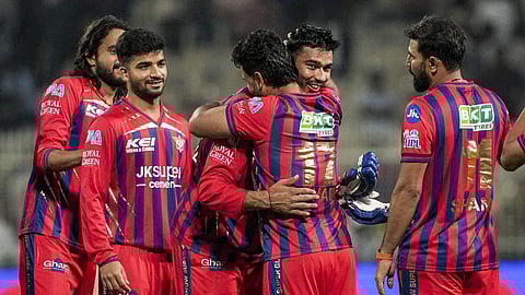 Lucknow Super Giants' Mukul Choudhary celebrates with teammates after the team's victory during an Indian Premier League (IPL) 2026 T20 cricket match between Lucknow Super Giants and Kolkata Knight Riders, at Eden Gardens, in Kolkata.