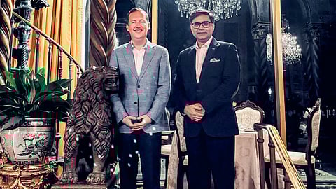 US Ambassador to India Sergio Gor, left, meets Foreign Secretary Vikram Misri at Mar-a-Lago, in Palm Beach, Florida, United States.