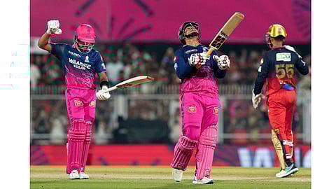 Rajasthan Royals' Vaibhav Sooryavanshi reacts after his dismissal during the Indian Premier League (IPL) 2026 T20 cricket match between Rajasthan Royals and Royal Challengers Bengaluru, in Guwahati, Friday, April 10, 2026 