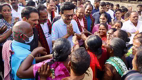 Chief Minister MK Stalin interacts with people during an early morning outreach campaign ahead of the TN state Assembly elections, in Viralimalai, Pudukkottai district, Tamil Nadu. 