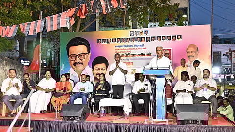 Communist Party of India general secretary D Raja addressing a rally at Maduvankarai in Guindy