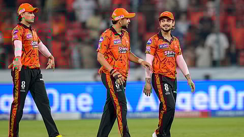 Sunrisers Hyderabad's captain Ishan Kishan, right, with teammates after winning the Indian Premier League (IPL) 2026 T20 cricket match between Sunrisers Hyderabad and Rajasthan Royals, at Rajiv Gandhi International Stadium in Hyderabad