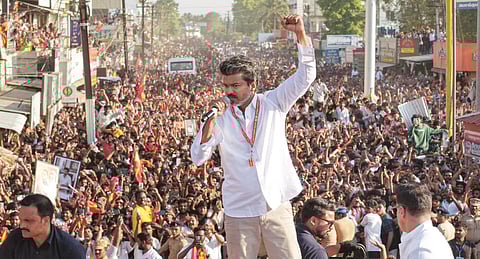 TVK leader Vijay at a campaign rally in Perumanallur in Tirupur.