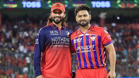 Royal Challengers Bengaluru skipper Rajat Patidar with Lucknow Super Gaints captain Rishabh Pant during the toss