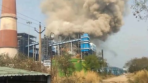 Smoke billows after an explosion at a power plant, in Chhattisgarh's Sakti district, Tuesday, April 14, 2026. Four workers were killed and 15 others injured in the incident