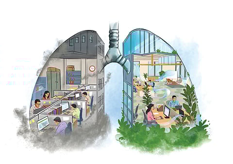 The ventilation requirements for commercial buildings were lowered in the following decade to save energy, which resulted in the ‘Sick Building Syndrome’, where headaches, fatigue and brain fog were found to be the main problems faced by employees working in these structures while gasping for clean air Illustration: Jancy Rani