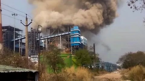 Smoke erupts from Vedanta power plant after a powerful boiler explosion on Tuesday, at Singhitarai, in Sakti District, Chhattisgarh.