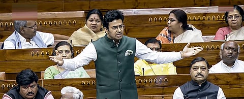 BJP MP Tejasvi Surya speaks in the Lok Sabha during the Special session of Parliament, in New Delhi, Thursday, April 16, 2026