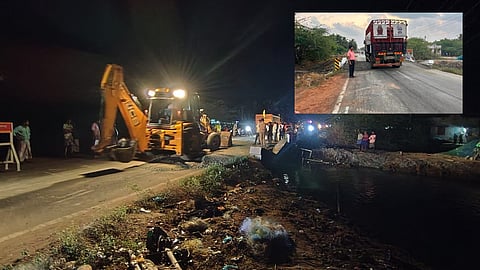 Repair works being carried out on the damaged bridge in Thanjavur; (inset) road traffic resumes