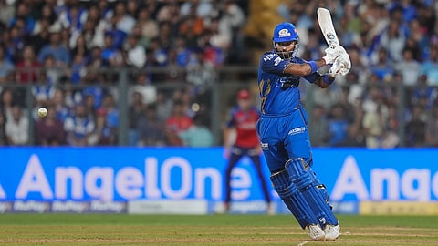 Mumbai Indians' captain Hardik Pandya plays a shot during the Indian Premier League (IPL) 2026 T20 cricket match between Mumbai Indians and Punjab Kings, at Wankhede Stadium in Mumbai