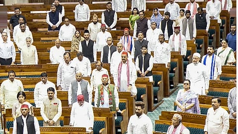Opposition MPs in the Lok Sabha during the Special session of Parliament, in New Delhi, Thursday, April 16, 2026.