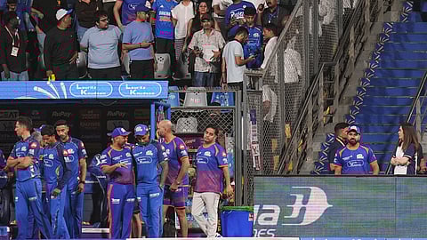Mumbai Indians players after losing the Indian Premier League (IPL) 2026 T20 cricket match against Punjab Kings, at Wankhede Stadium in Mumbai, Thursday, April 16, 2026 