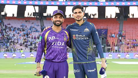 KKR skipper Ajinkya Rahane with GT captain Shubman Gill during the toss in Narendra Modi stadium, Ahmedabad, Gujarat.