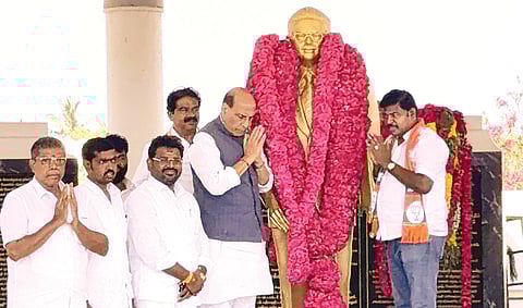 Minister Rajnath Singh garlanded the statue of Dr B Sivanthi Aditanar