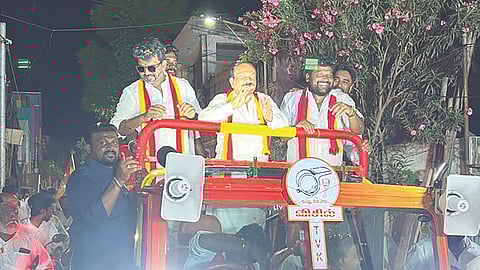 Madhiyazhagan alias Vijay Madhi campaigns along withTVK candidates in a rally ahead of upcoming Assembly polls